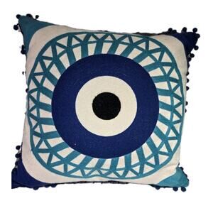 Greek Evil Eye Talisman Pillow Punch Embroidery Blue Teal NEW Zip 18x18" Santori
